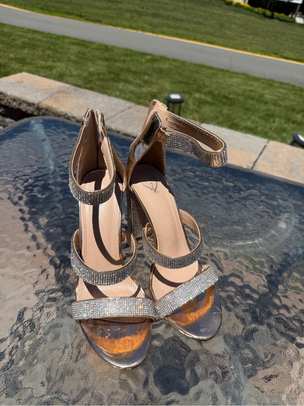 Women's Rhinestone Strappy Heeled Sandals - Nude/Champagne